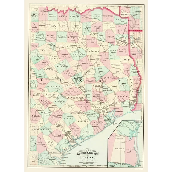 Historic State Map - Texas Eastern Portion - Asher 1874 - Vintage Wall Art