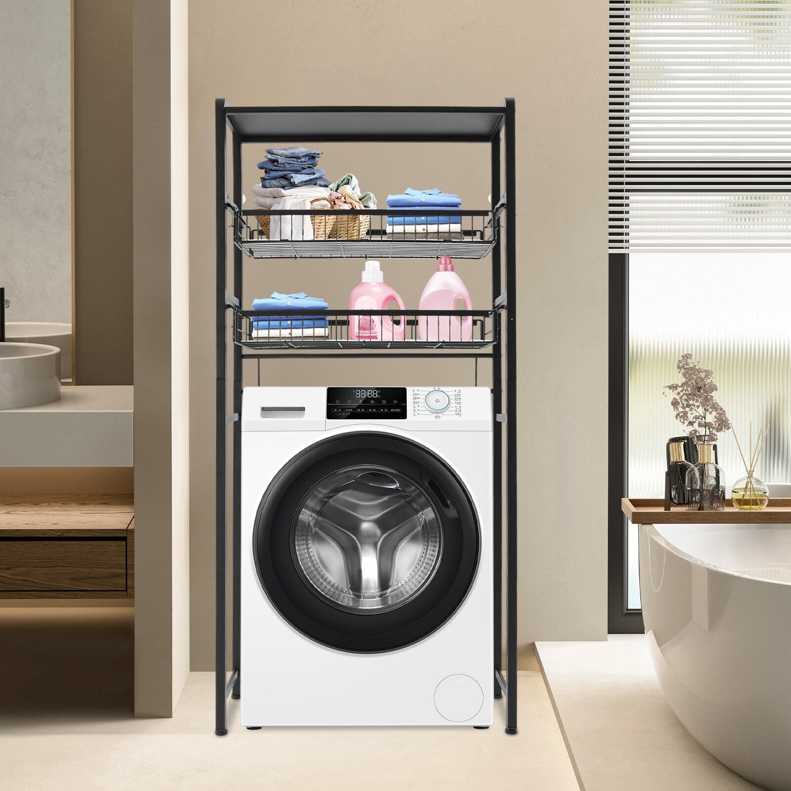 3-Tier Washing Machine Shelf, Over Washer and Dryer Shelves, Multi-Functional 3 Tier Storage Rack, Laundry Room Storage Shelf, Space Saving Organizer (Black)