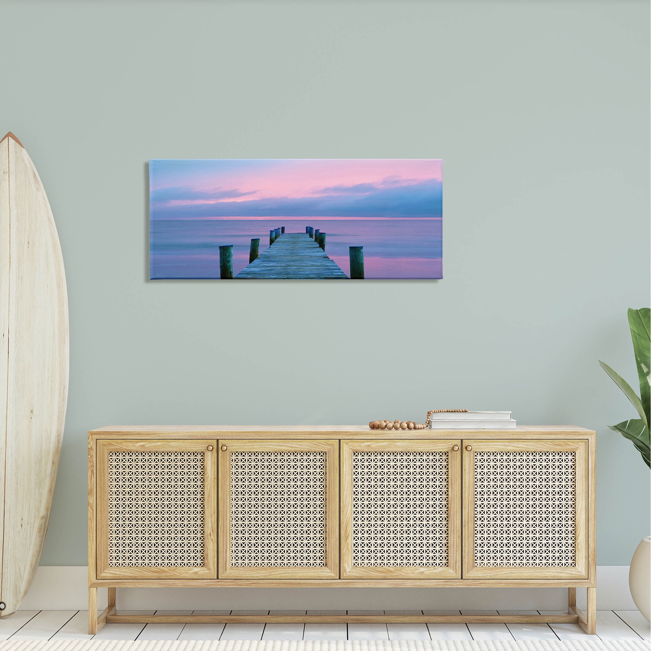Vivid Sunset Ocean Dock Horizon Coastal Photograph Gallery Wrapped Canvas Print Wall Art