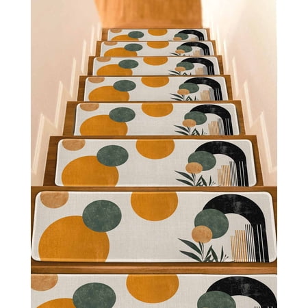 Boho Middle Century Stair Treads for Wooden Steps Indoor Runner Rug Carpet Abstract Orange Geometric Leaves 7 Pieces Peel and Stick Staircase Step Treads Covers Washable Throw Door Mats 30 x8