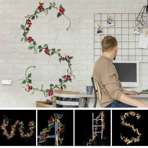 Xihbxyly Flores Artificiales Decorativas, Enredaderas con Luces Led y Bayas, Cálidas para Colgar En La Puerta Del Patio, Decoración de Pared Única para Festividades, Acción de Gracias, Navidad, Caden