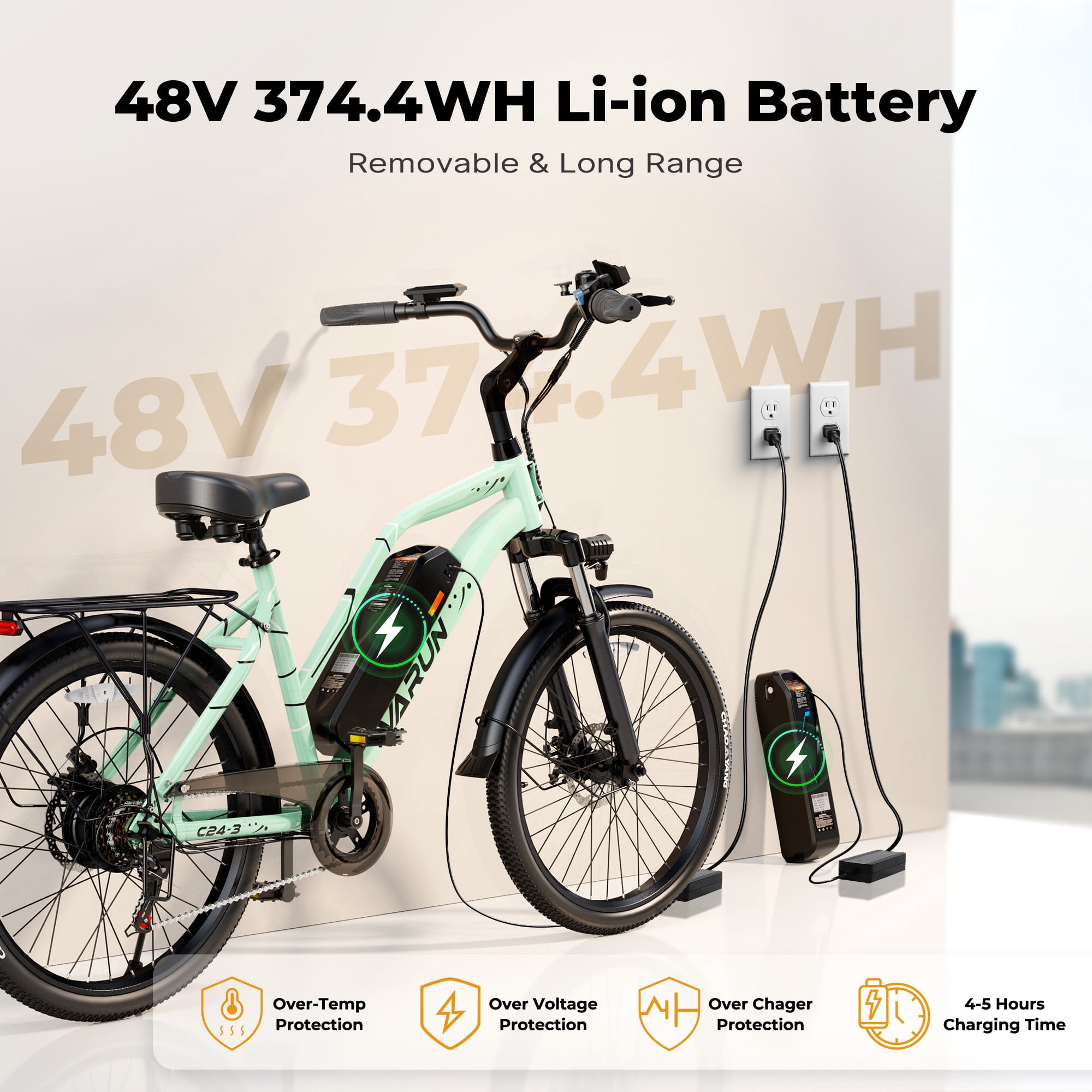 VARUN 24" Electric Bike for Adults - 750W Peak Motor, 48V Removable Battery (40 Miles Range), 20MPH, 7-Speed Gears, Dual Disc Brakes, LED Taillight - Commuter E-Bike for Men & Women, UL2849