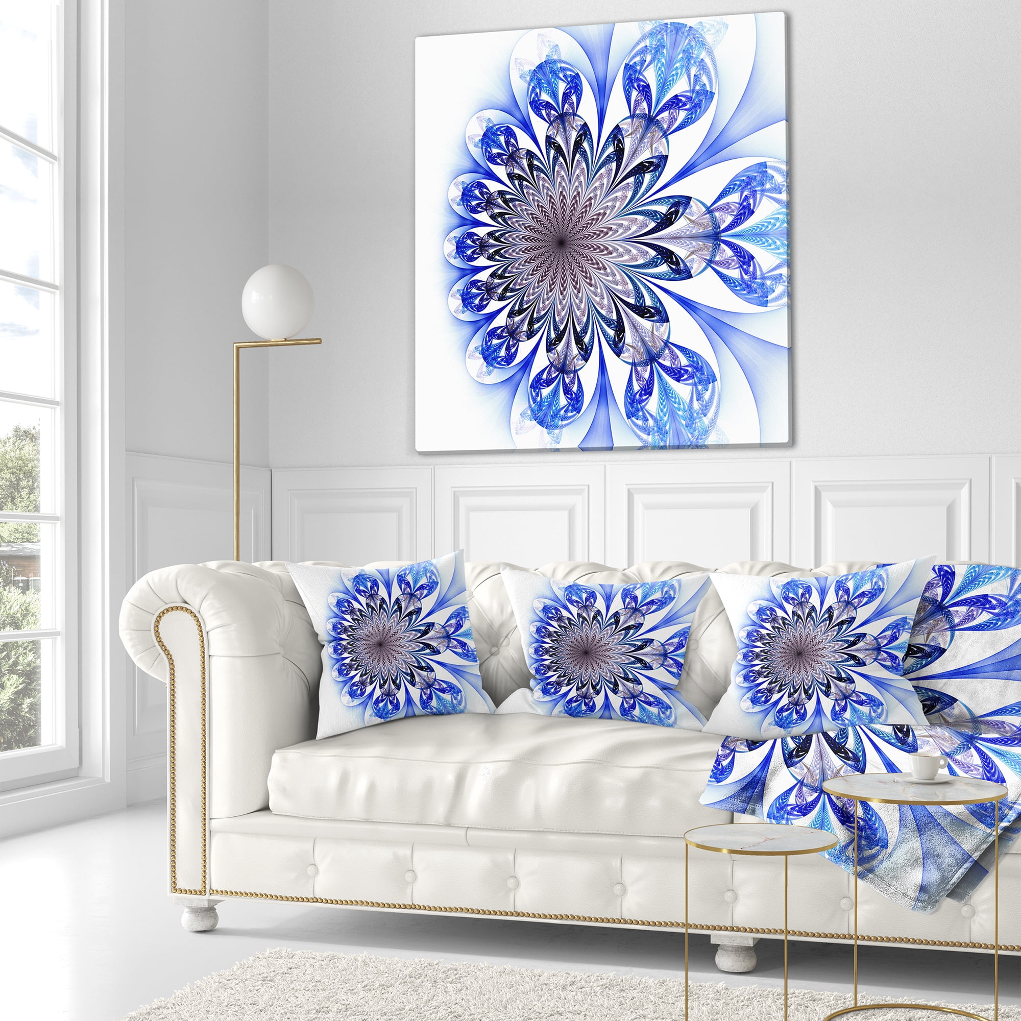 Designart Light Blue Fractal Flower Digital Art - Floral Throw Pillow - 16x16