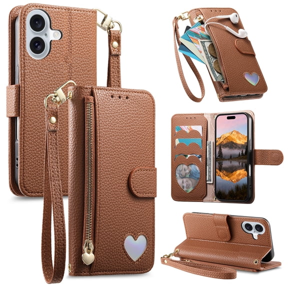 Wallet Case for iPhone 16 with Credit Card Holder & Wrist Hand Strap & Zipper Pocket, Magnetic Clasp PU Leather Shockproof Flip Kickstand Protective Cover for iPhone 16, Brown