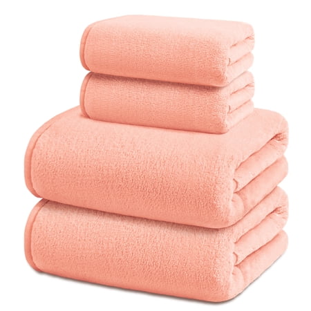Exclusivo Mezcla 4-Piece Ultra Soft Bath Towel Set, Large Highly Absorbent Microfiber Coral Velvet Towel, Quick Drying for Body, Bathroom, Gym, Spa, 2 Bath Towels, 2 Hand Towels, Pink
