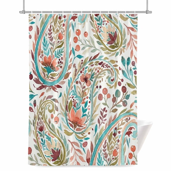 Pink Teal Flower Shower Curtain, Watercolor Abstract Paisley Bohemia Texture Waterproof Shower Curtain Set with 12 Hooks Lightweight Bath Curtains Fabric Bathroom Decor 72x84 Inches