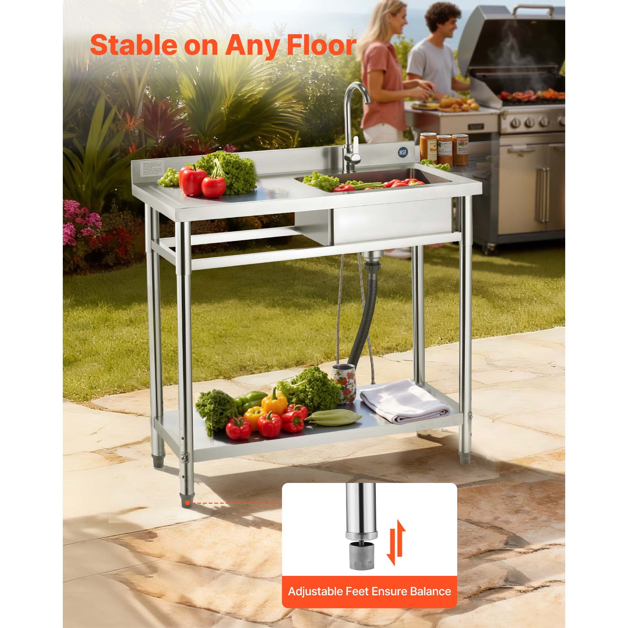 KFFKFF Stainless Steel Utility Sink, Free-Standing Single Bowl Commercial Kitchen Sink with Faucet, 39.4 x 19.7 x 37 in, Left-Side Basin with Hot and Cold Water Pipes for Garage, Restaurant