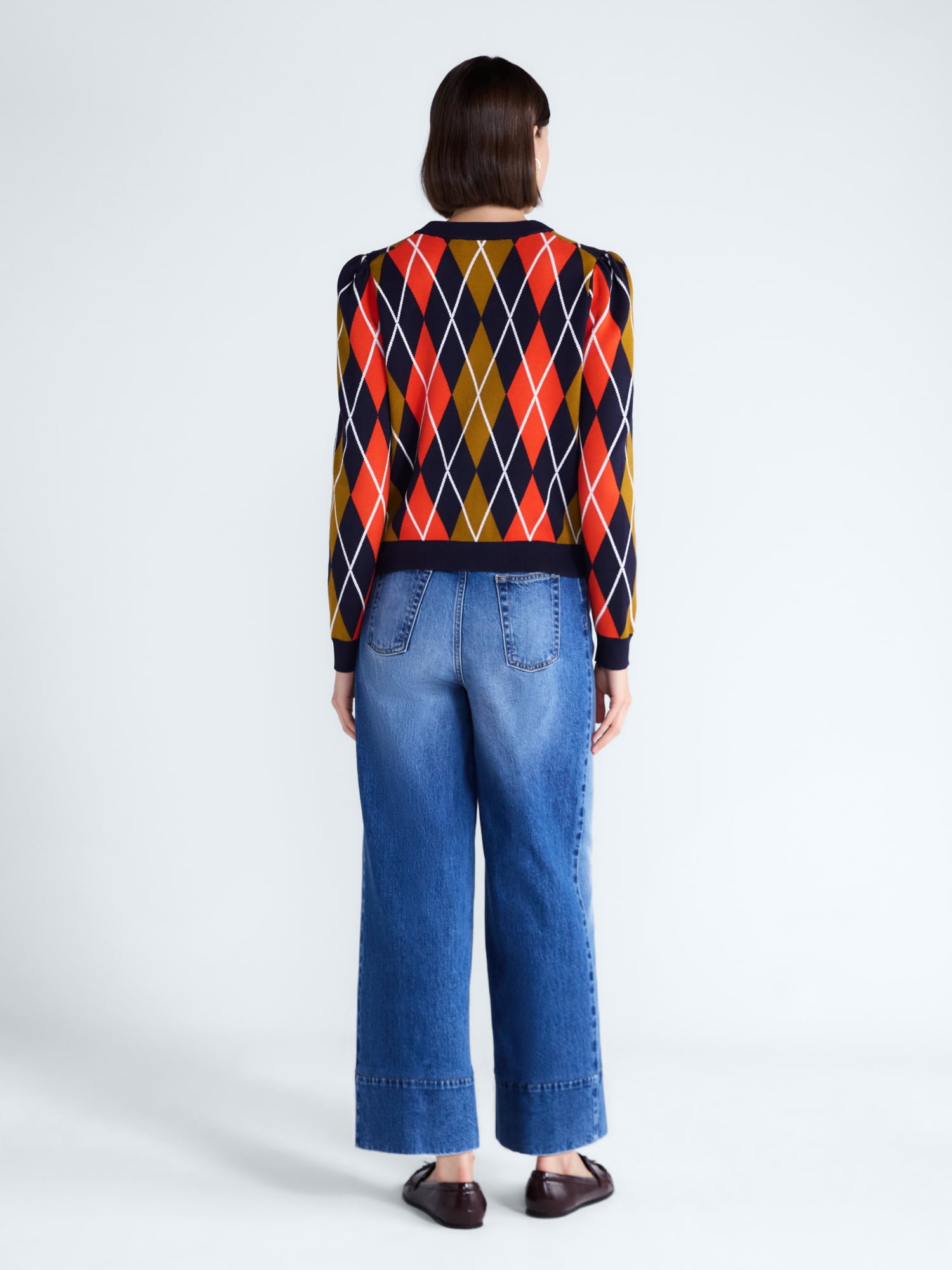 Free Assembly Women's and Women's Plus Argyle Cardigan Sweater with Puff Sleeves, Midweight, Sizes XS-4X