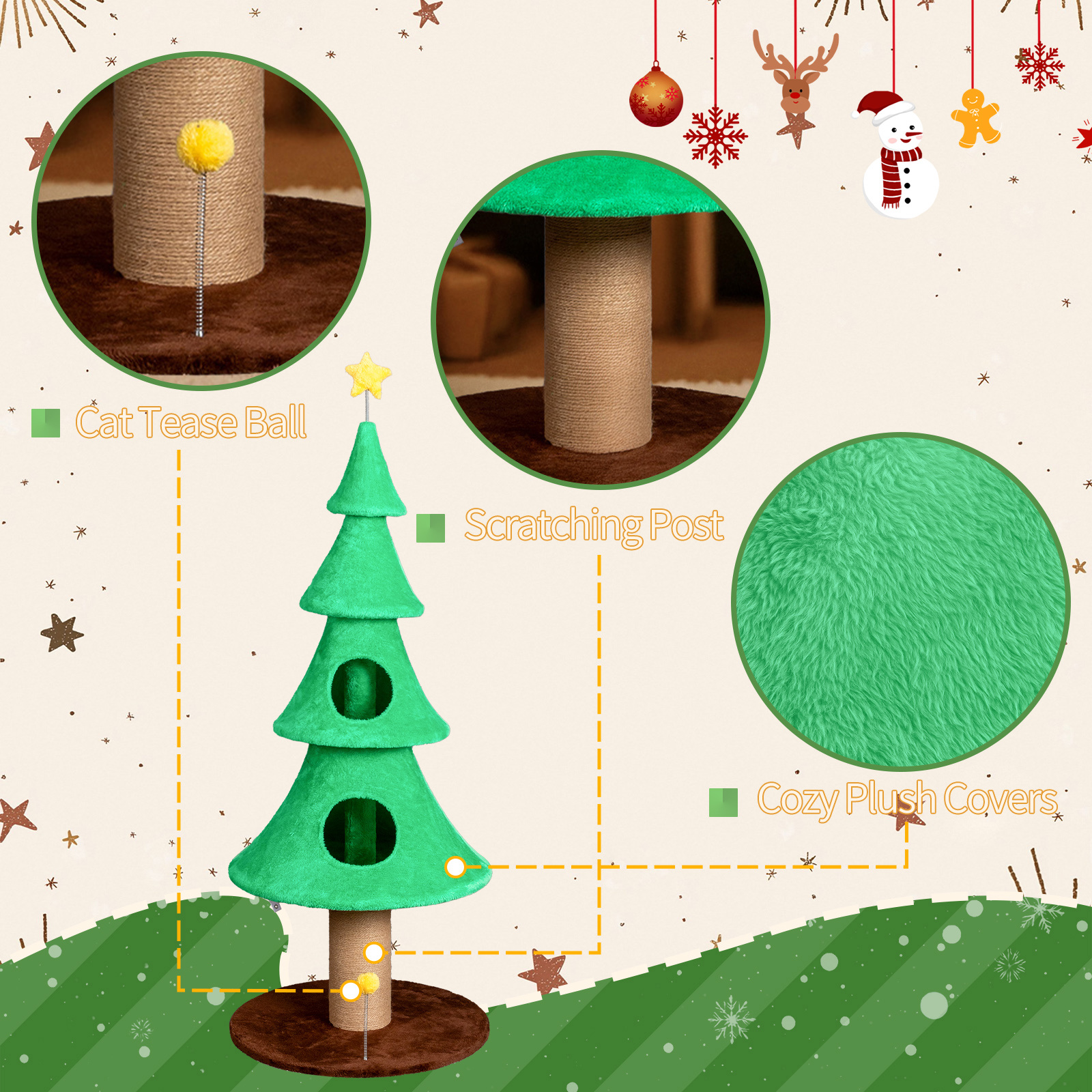 Zephypaws 59" Christmas Tree Cat Tower with 2 Cozy Condos, Plush Fleece Cover, Sisal Scratching Post, Hanging Toy Ball, Wide Stable Base & Multi-Level Openings, Holiday Cat Furniture, Green