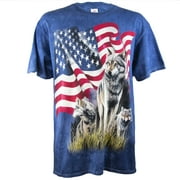 Men's Patriotic United States Flag & Wolves Short Sleeve Shirt in Blue, Large