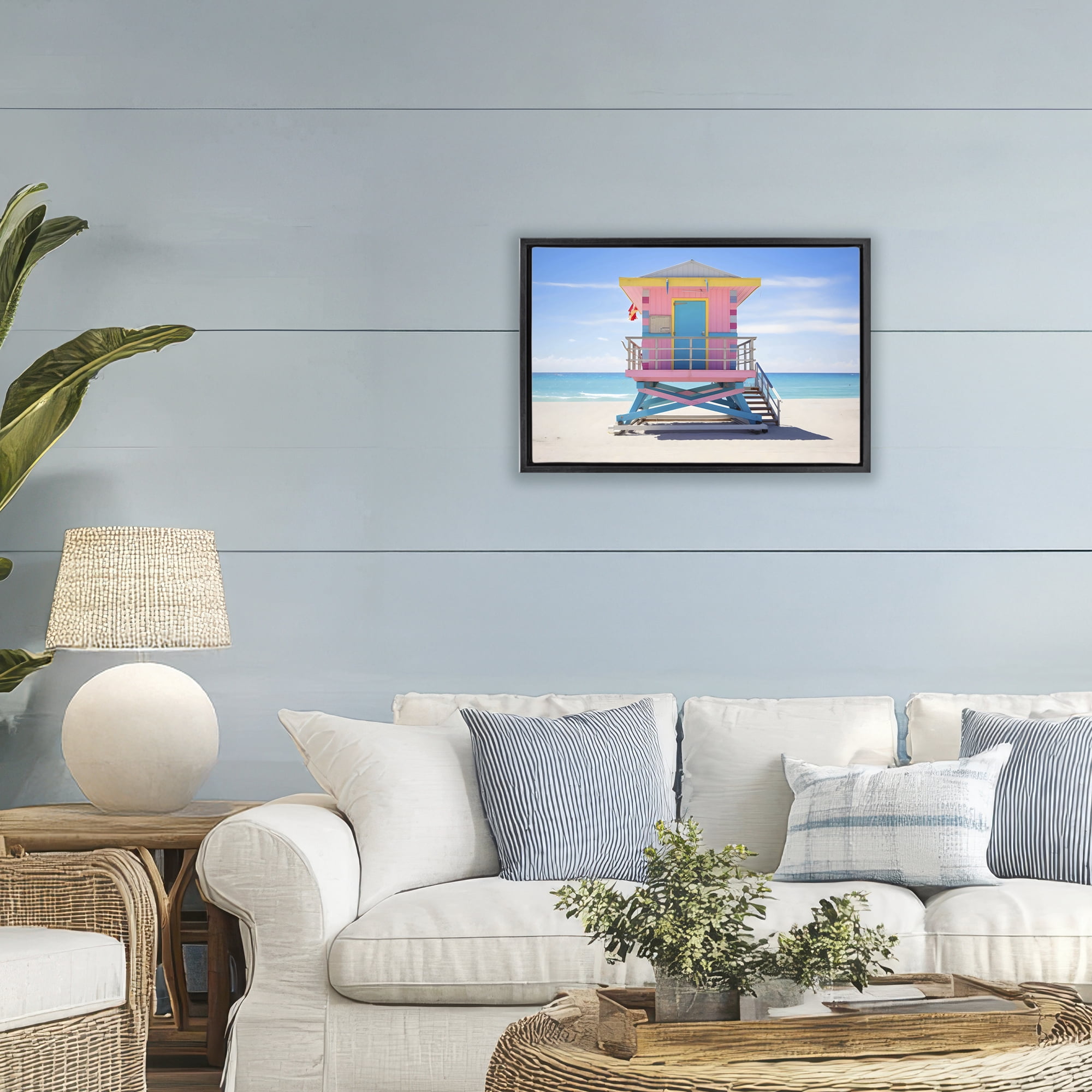 Stupell Industries Pastel Lifeguard Hut on Beach Black Framed Floater Canvas Wall Art, design by Creative Studio