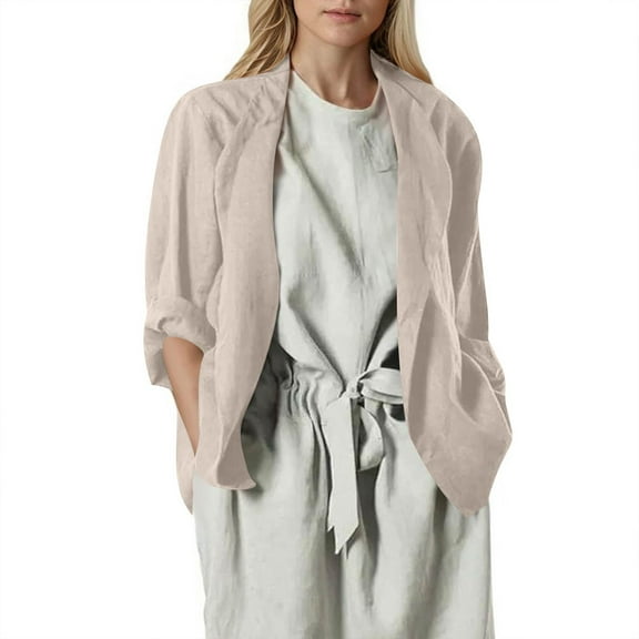 Dwralegc Women's Linen Cardigan Open Front 3/4 Sleeve Loose Cardigan Lightweight Shawls Wraps Shirts Summer Fall Kimono Cover Ups Outfits Khaki XL