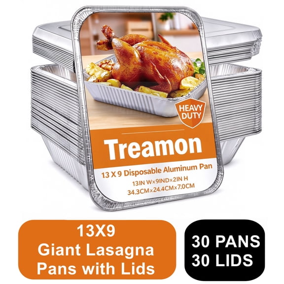 Treamon Aluminum Foil Pans with Lids, Disposable Tin Pans, 9" x 13" 30 Count