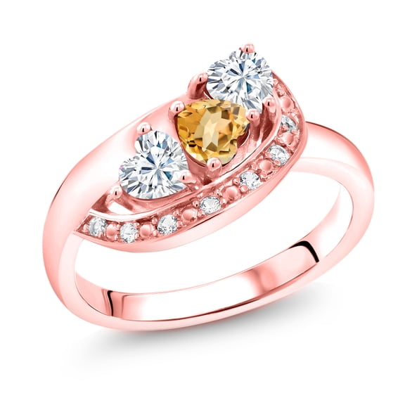 Gem Stone King 18K Rose Gold Plated Silver Yellow Citrine and White Moissanite and White Created Sapphire Engagement Ring for Women (0.74 Cttw, Gemstone November Birthstone, Heart Shape 4MM, Size 8)