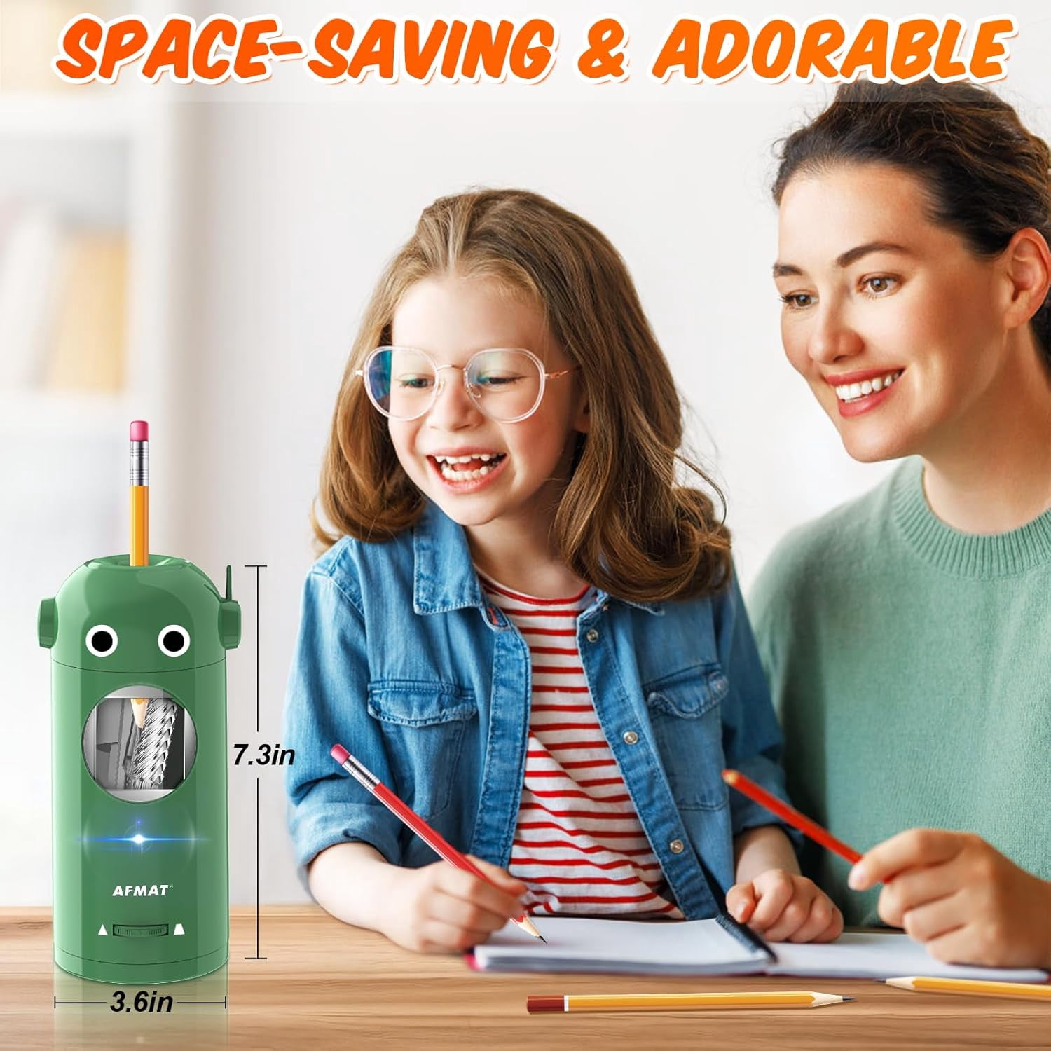 Electric Pencil Sharpener for Colored Pencils 7-11.5mm, Fully Automatic Robot Pencil Sharpener, Auto in & Out, Rechargeable Hands-Free for Classroom/Home/Office, Battery Operated, PSX5RB, Green