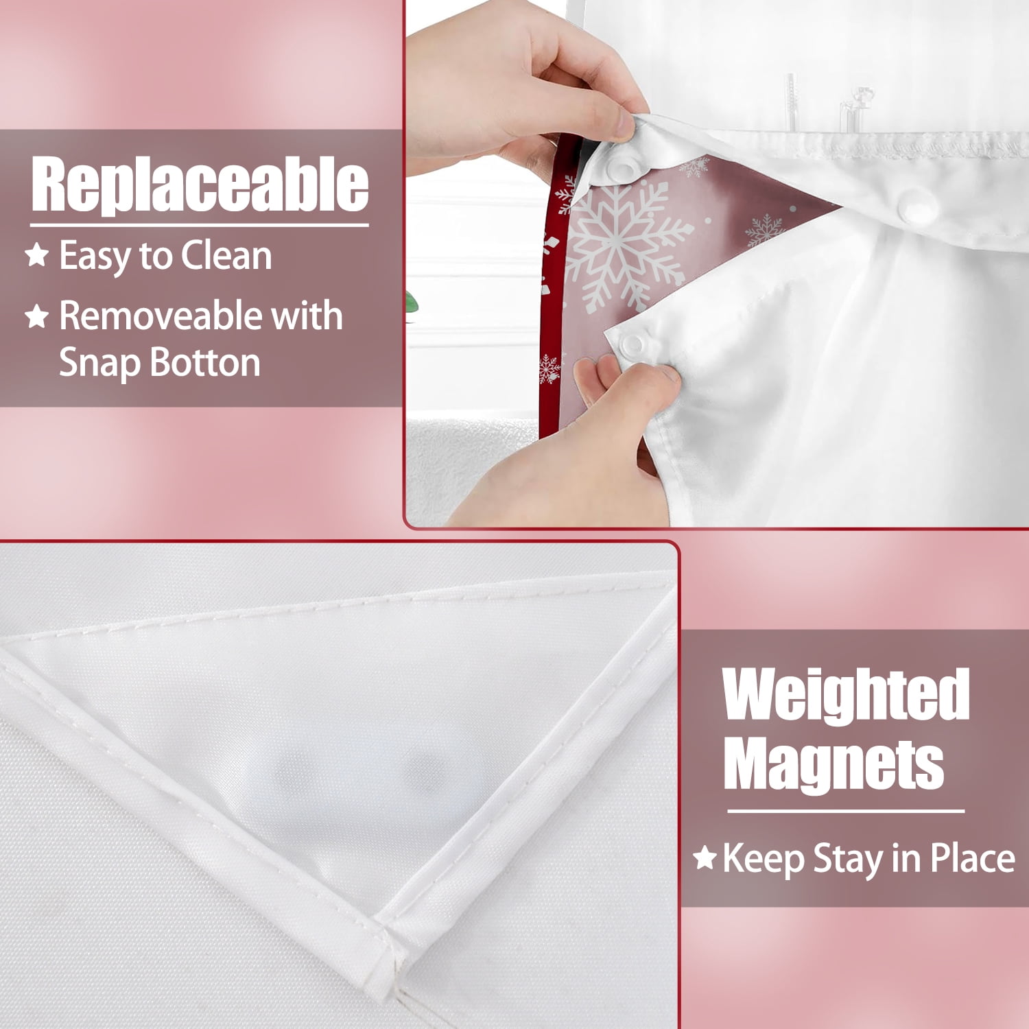 Mizhona White Snowflakes Hookless Shower Curtain with Snap in Liner，Red No Hooks Fabric Bath Curtain,71"× 74"