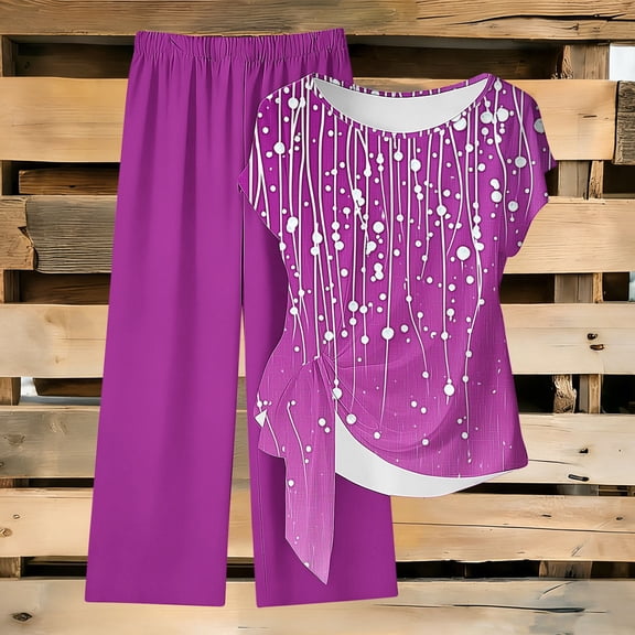 Guieoi Summer Two-Piece Outfit Loose-Fit Print Trousers with Tie-Waist Short-Sleeve Round-Neck Top Casual Matching Set Purple M