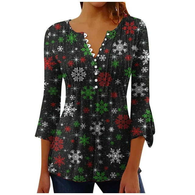 Timegard Plus Size Tops for Women Notched V Neck Button Christmas Day Print Ruffle 3/4 Sleeve Tunic Tops