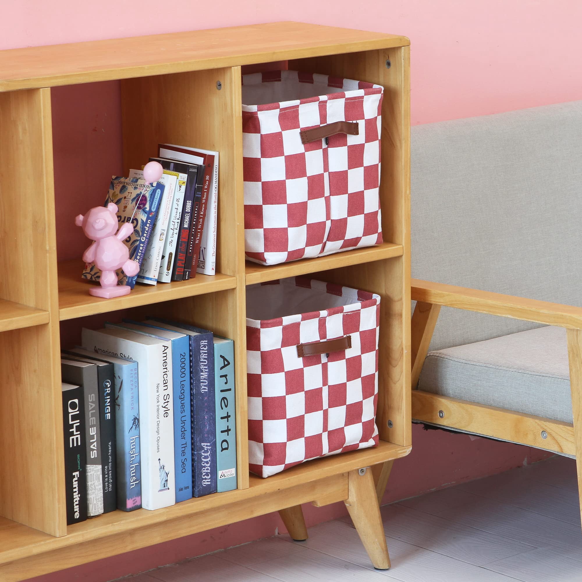 Hinwo 3-Pack Square Organizer Shelf Bins, Canvas Fabric Storage Baskets with Handles & Drawstring Cover, 22L Collapsible Storage Boxes, 11 x 11 x 11 Inches, Coral Red Checkerboard