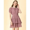 thumbnail image 3 of INSPIRE CHIC Women's Tie Neck Ruched Sleeve Elastic Waist A-Line Double Layers Ruffle Hem Short Dress, 3 of 6