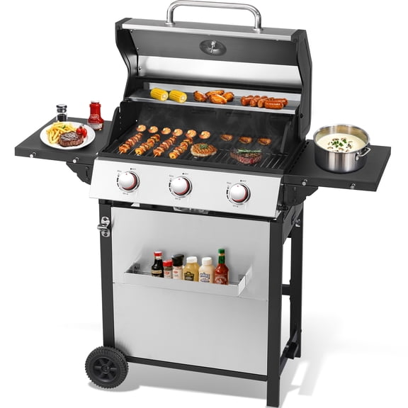 3 Burner Gas Grill with Double-Layer Stainless Steel Lid, 30,000 BTU Patio Garden Barbecue Grill with Folding Side Tables