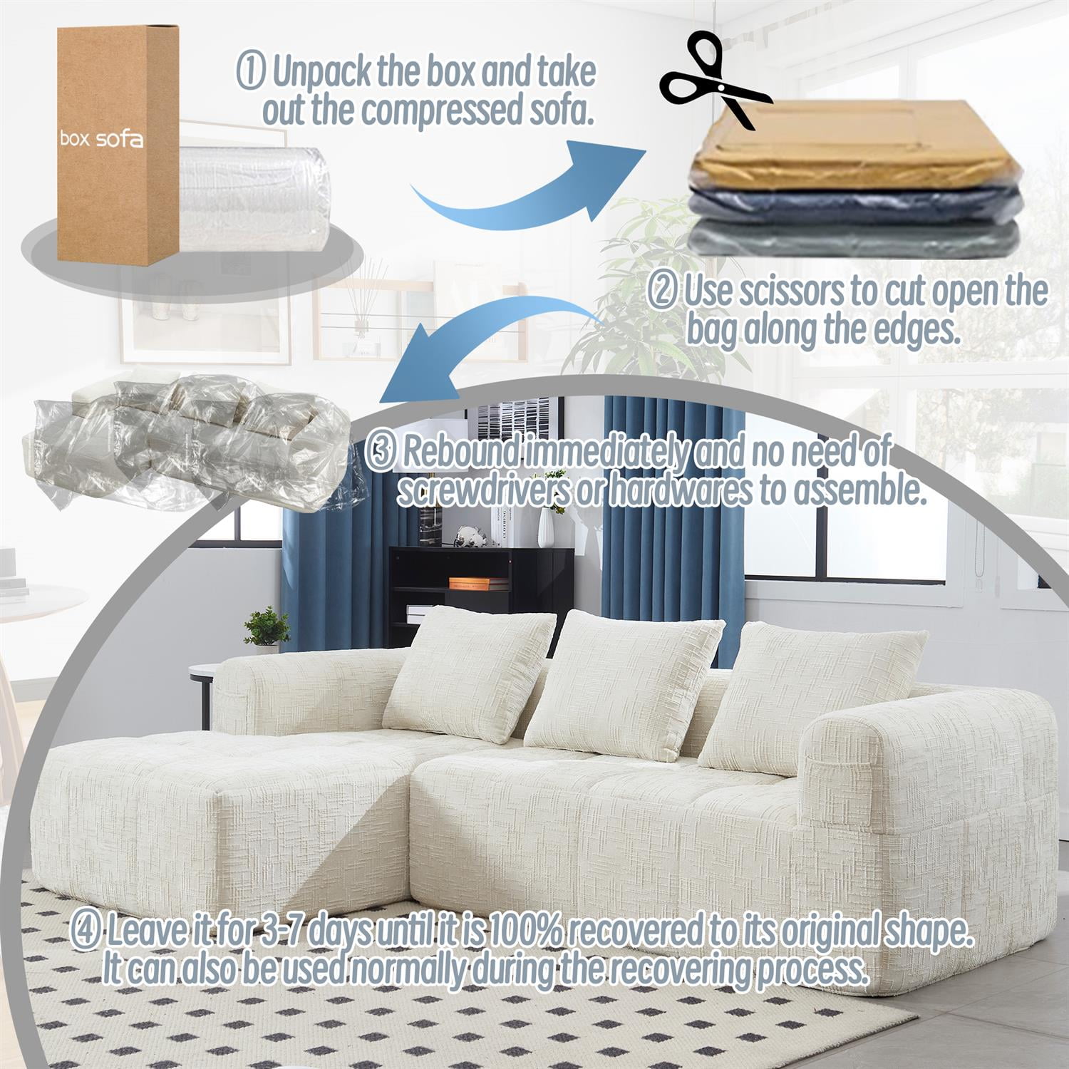 Demi Bonn 98" L-Shaped Modular Sectional Sofa with Chaise, Side Pockets, Modern Comfort Couch, Compression-Free Installation for Living Room, White