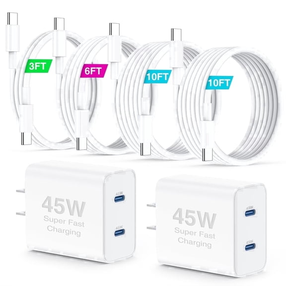 iphone 17 16 15 charger fast charging,45W Dual Port USB C Fast Charger Block with 3/6/10/10FT 60W USB C to C Cables Super Fast Charging Wall Charger for Samsung Galaxy S26 /S25 Ultra/S24 /S23 case