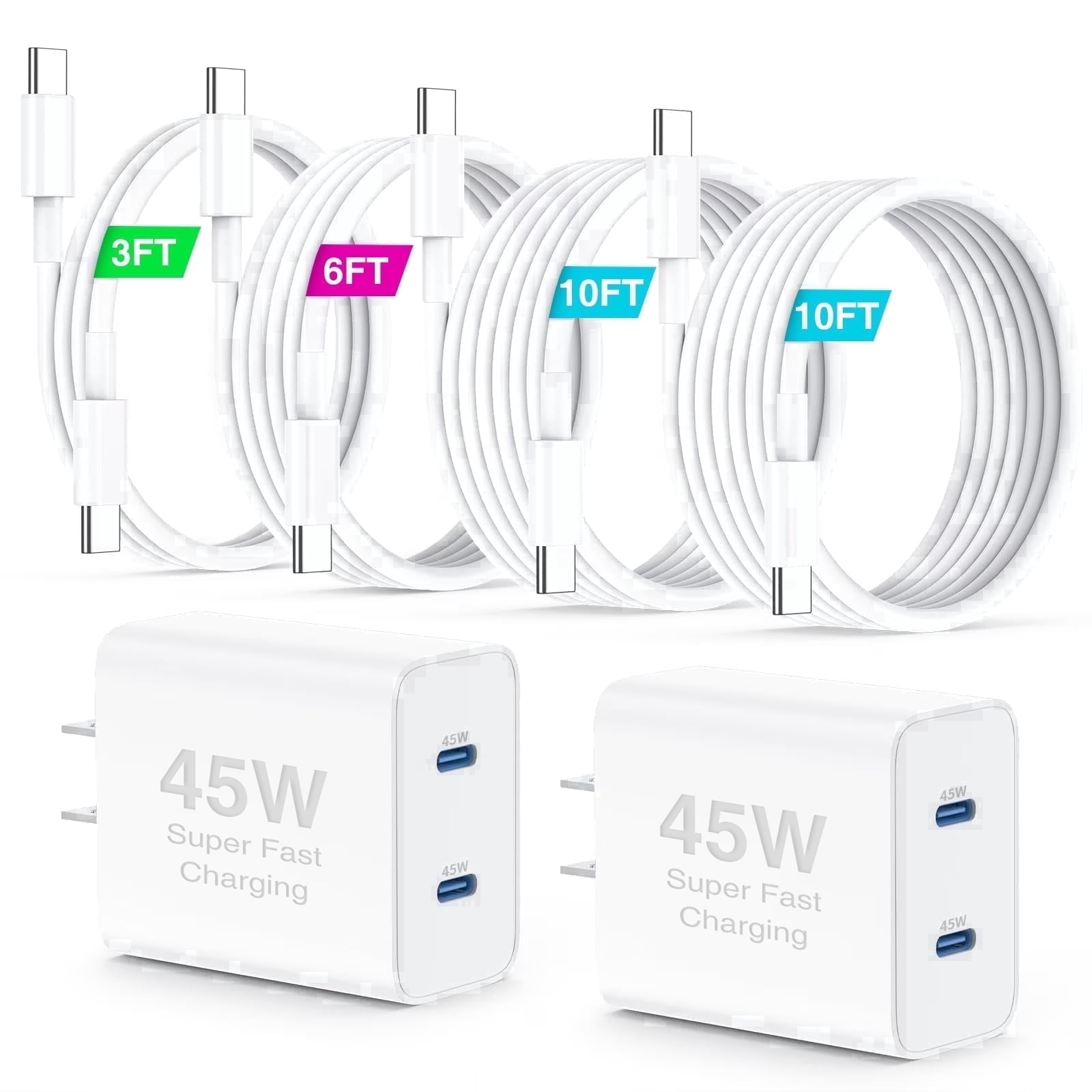 iphone 17 16 15 charger fast charging,45W Dual Port USB C Fast Charger Block with 3/6/10/10FT 60W USB C to C Cables Super Fast Charging Wall Charger for Samsung Galaxy S26 /S25 Ultra/S24+/S23 case