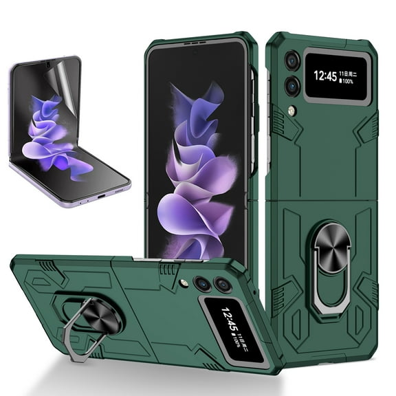 Allytech for Samsung Galaxy Z Flip 4 Case with Screen Protector, Kickstand Magnetic Ring Holder Rugged Anti-Slip Shockproof Case for Samsung Z Flip4 5G 2022, Darkgreen