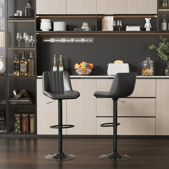 Walsunny Adjustable Bar Stools Set of 2 Leather Upholstered Swivel Counter Stools Counter Height Bar Stools with Large Base, Room Bar, Black