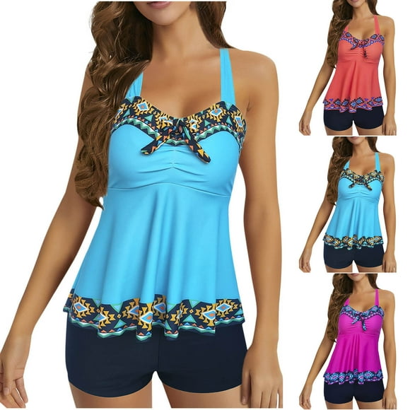 Sales Today Clearance Iumwxz Plus Size Flowy Tank and Shorts Bathing Suits Swimsuit for Women Print Swim Suits Crewneck Swimwear for Ladies Cocktail Holiday Gift