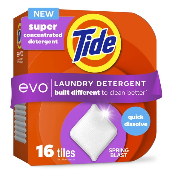 Tide Evo Laundry Detergent Tiles, 100% Concentrated, 6X Cleaning Power, Spring Blast Scent, 16 Count