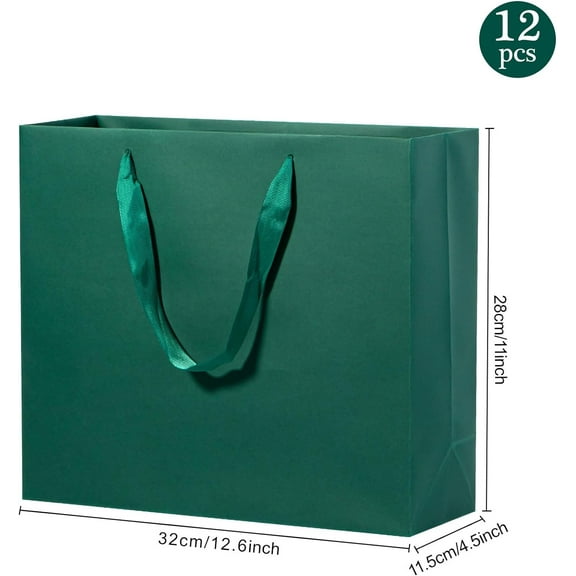Large Green Gift Bag with Ribbon Handles 12 Pack, Extra Large Dark Green Kraft Paper Shopping Bags for Wedding, Party, Retail