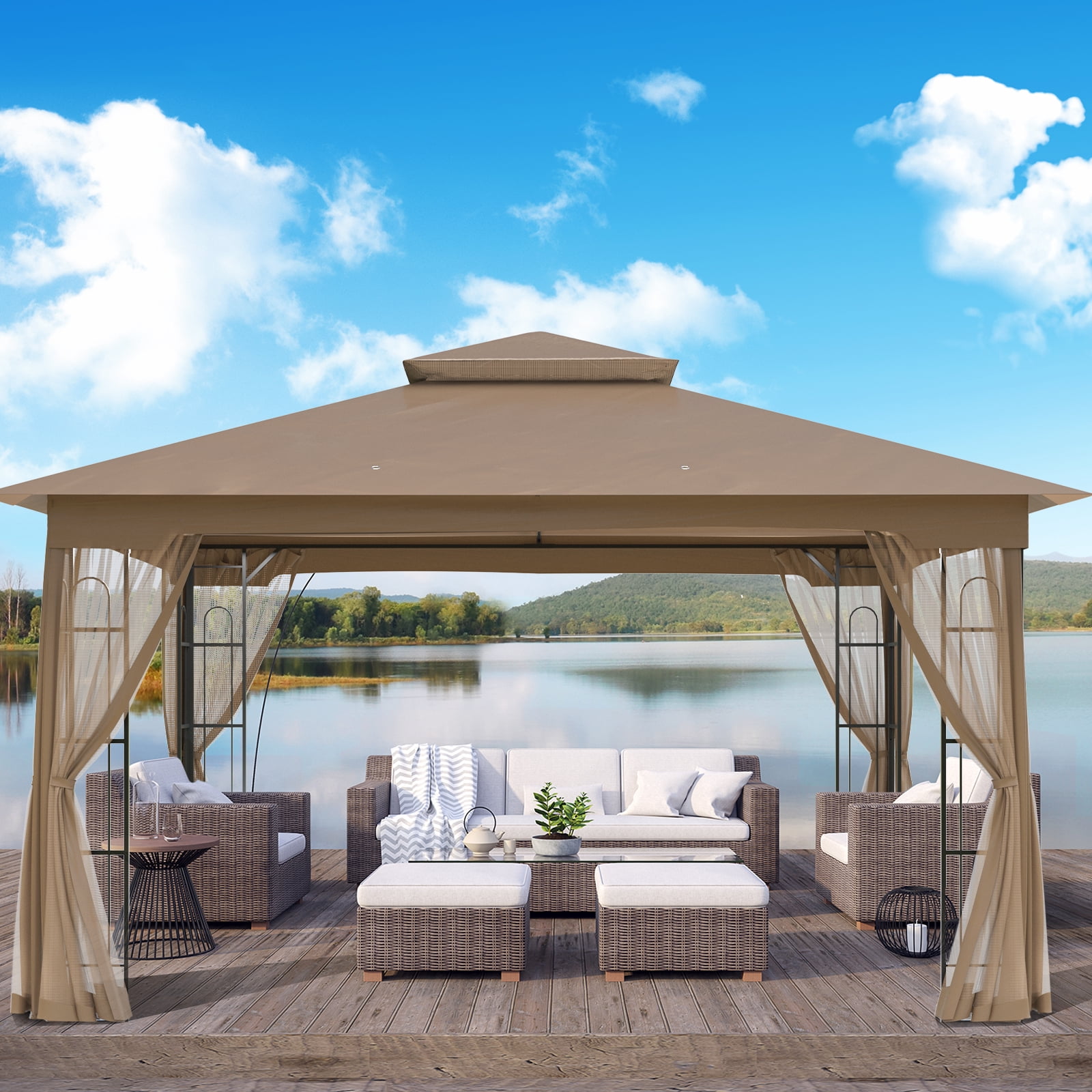 INTER HUT 13x11 Metal Patio Gazebo, Outdoor Gazebo Canopy Tent for Backyard with Mesh Privacy Curtains
