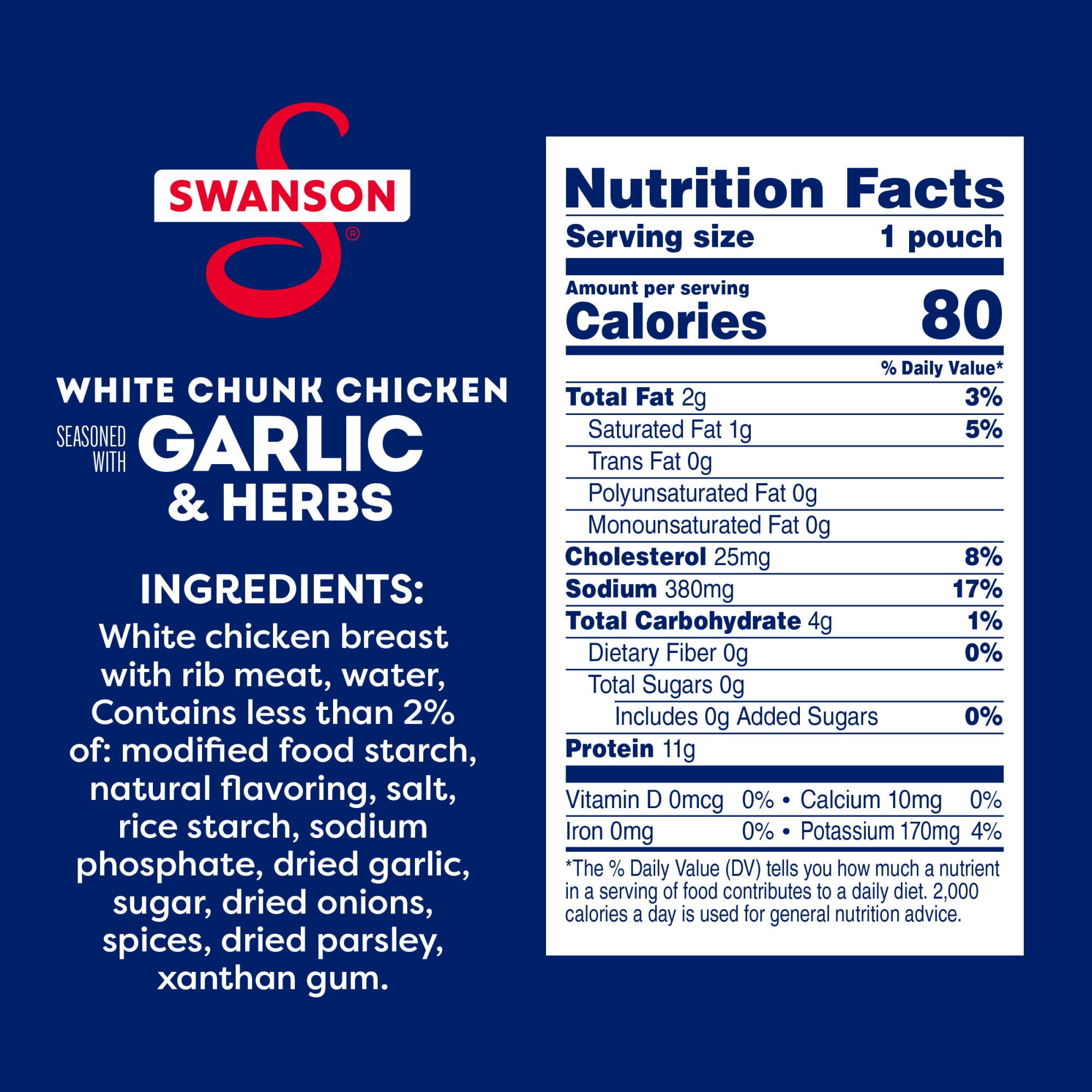 (12 pack) Swanson Garlic and Herbs White Chunk Fully Cooked Chicken, Ready to Eat, Simple on-the-Go Meals, 2.6 oz Pouch