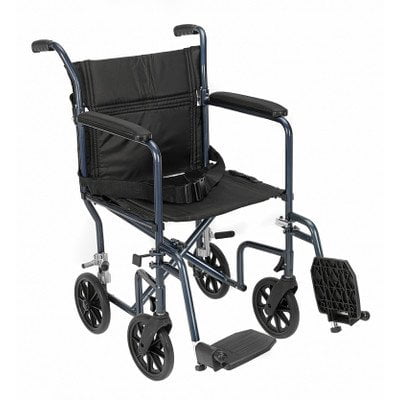 Revolution Mobility Lightweight Steel Transport Wheelchair, Fixed Full Arms, 17" Seat, Blue