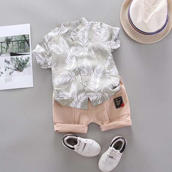 Vedolay Short Set For Boy Casual Summer Boy's 2 Piece Outfits Palm Tree Embroidered Short Sleeve Polo Shirt Ripped Shorts Set,Purple 12-18 Months