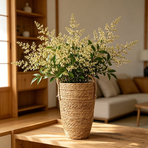 Straw Woven Flower Basket Decorative Vase Wicker Planter Floral Arrangement Holder Rustic Storage Pot Boho Home Living Room Bedroom Tabletop Decor Ornamental Display Organizer Khaki Style