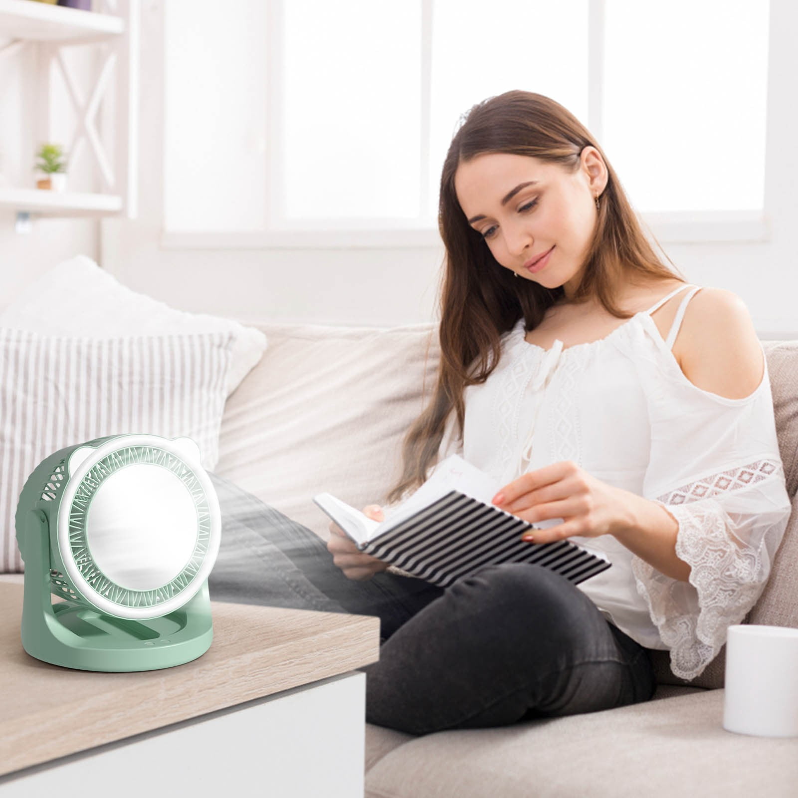 LSLJS USB Desk Fan, Portable Desktop Table Fan with Mirror & LED Lights, 180°Rotatable 3 Speeds Strong Airflow Quiet Operation Cooling Fan, Hanging/Standing Small Personal Fan for Home Office Bedroom