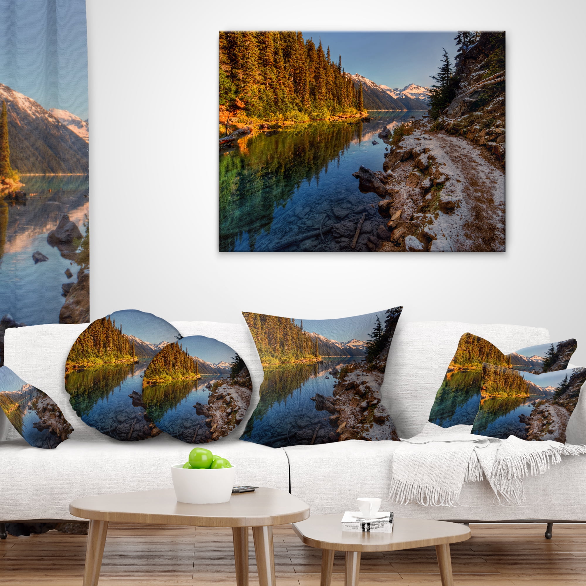 Designart Placid Lake between Mountains - Landscape Printed Throw Pillow - 16x16