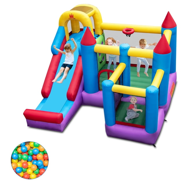 Costway Castillo Hinchable, Tobogán, Trampolín, Piscina de Bolas, Muro de Escalada, Aro de Baloncesto, Casa de Salto Inflable Gigante 5 en 1 para Niños para Jardín, Césped, Parque (sin Soplador)