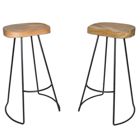 Contemporary Home Living Set of 2 Brown and Black Bar Stools with Curved Seat 31"