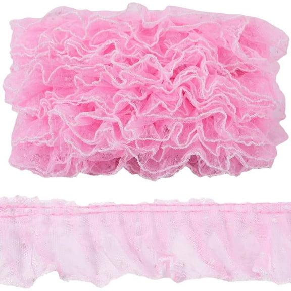 11 Yards Ruffled Lace Trim 2.4 Inch Wide Pleated Embroidered Organza Tulle Lace Edge Ribbon Wedding Bridal Dress Appliques Edging Trimmings for Handmade DIY Sewing Clothes Curtains Pink Pink