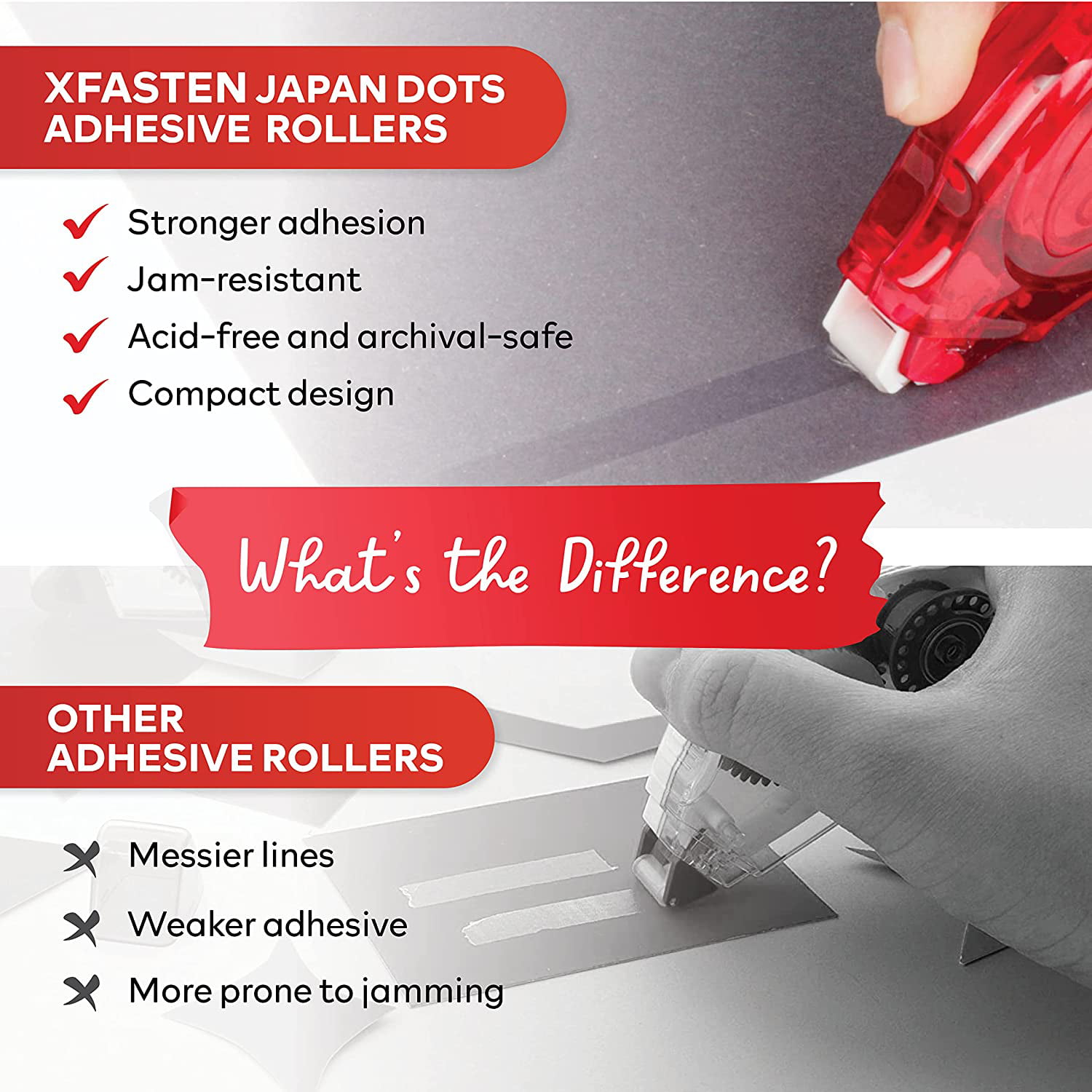 XFasten Japan Dots Double Sided Adhesive Roller | 8mm x 26 Feet | Clear |  12-Pack