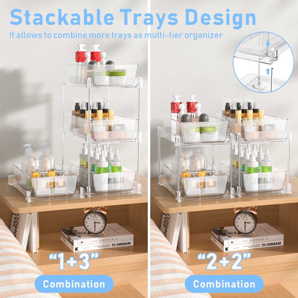 2-Tier Clear Under Sink Organizers and Storage, 2 Pack Pull-Out Cabinet Organizer,Vanity Countertop Container,Stackable Under Sink Organizer Organizers for Kitchen,Bathroom, Pantry Storage