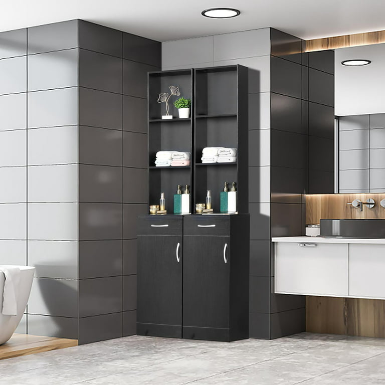 Bunpeony 14.5 in. W x 14.5 in. D x 63 in. H Black Freestanding Bathroom Storage Linen Cabinet