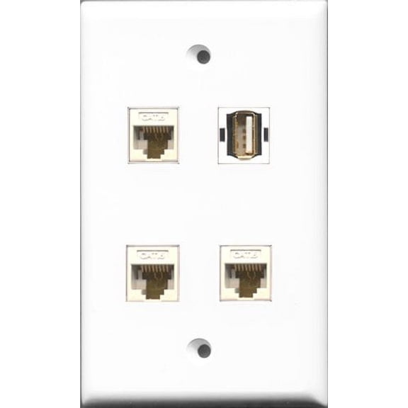 RiteAV 1 Port USB A-A 3 Port Cat6 Ethernet White Wall Plate