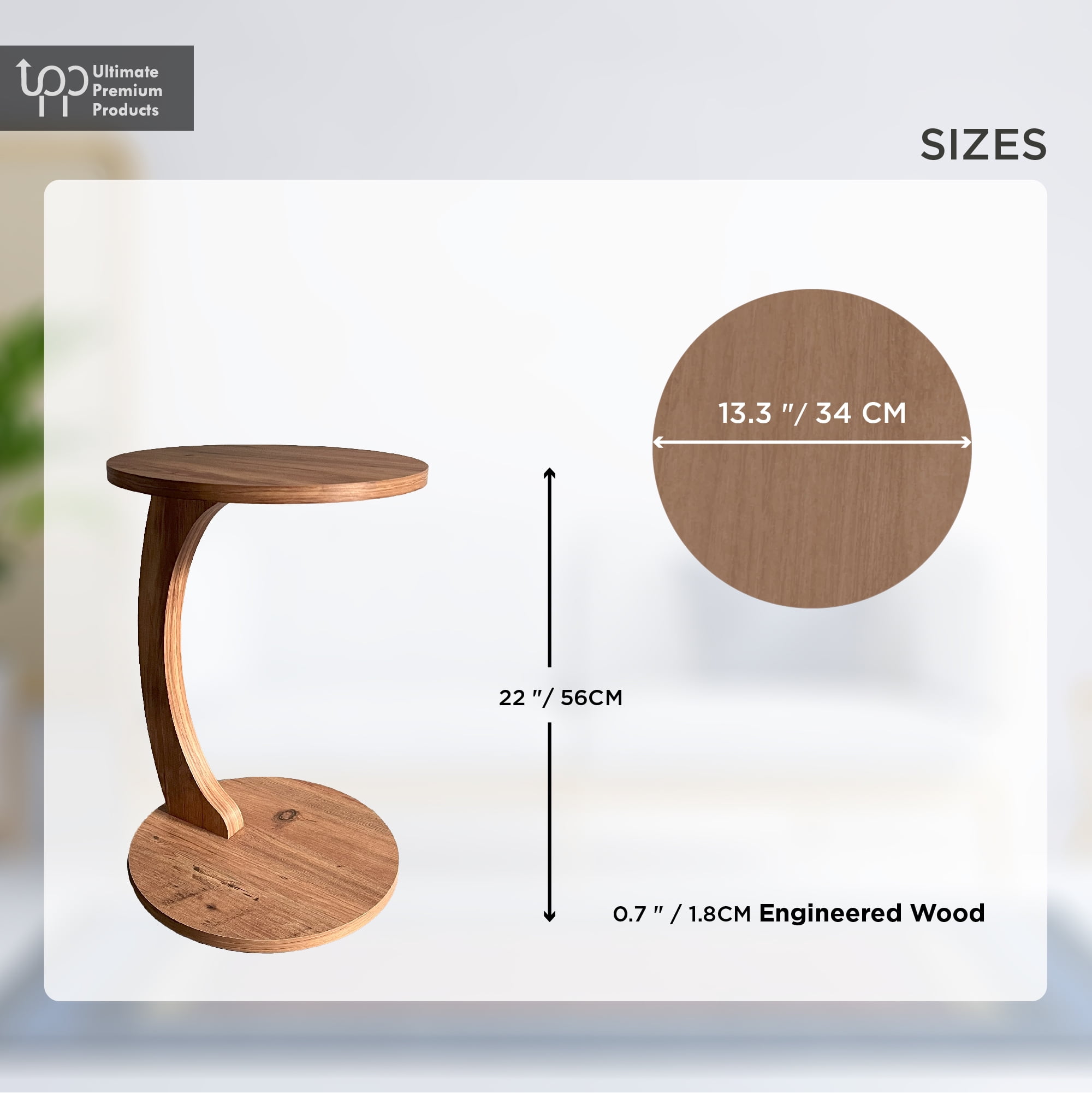 Ultimate Premium Products C-Shaped End Table with Rolling Wheels, Brown