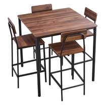 KFFKFF Bar Table Set, 5-Piece 35″ Bar Table and Chair Set, Rounded Edge Design with Square Table and Four Stools for Living Room, Dining Room, Kitchen, Walnut Finish, Black Frame