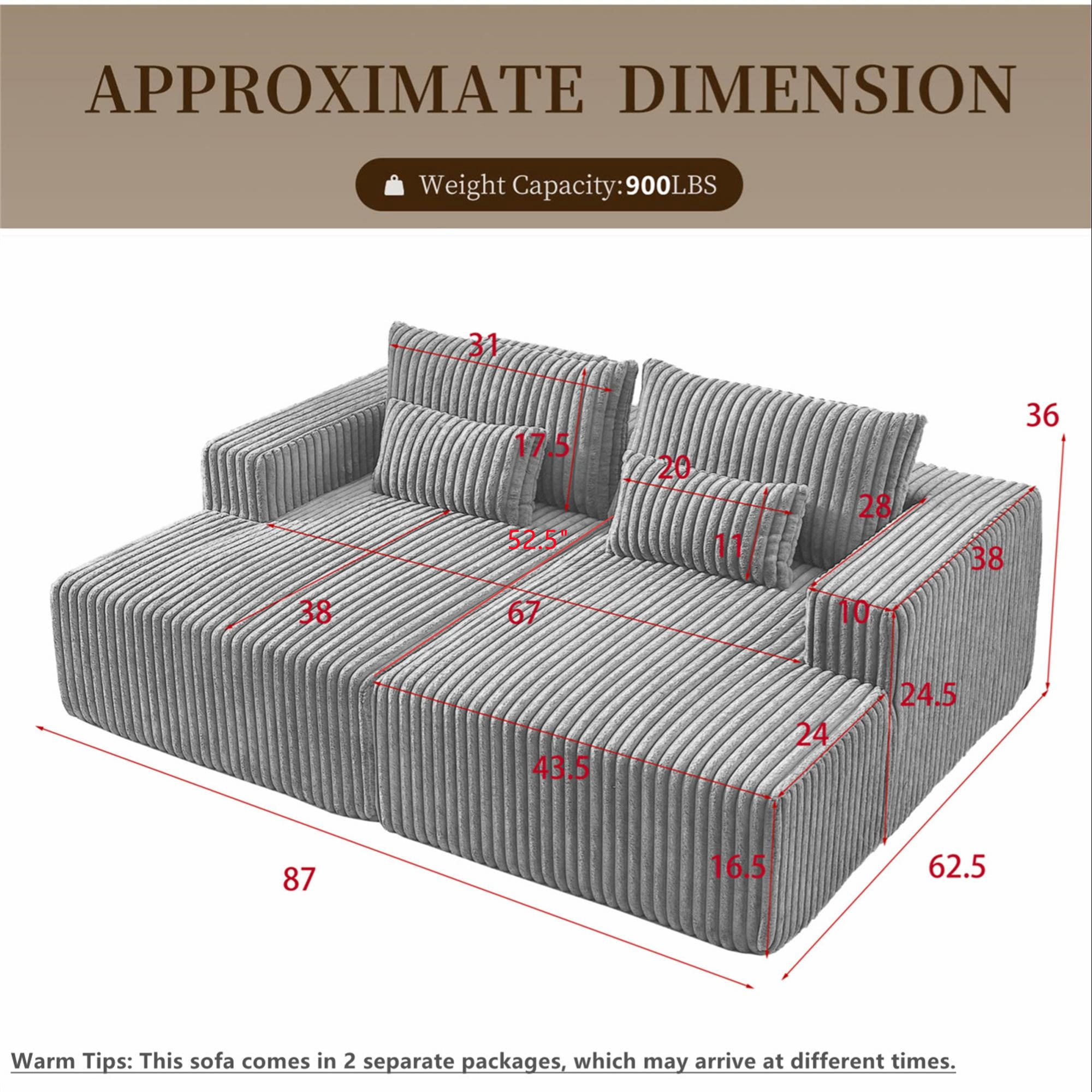 Aukfa 87" Oversized Double Chaise Lounge Indoor Chair Boneless Couch for Living Room, 4 Pillows, Beige